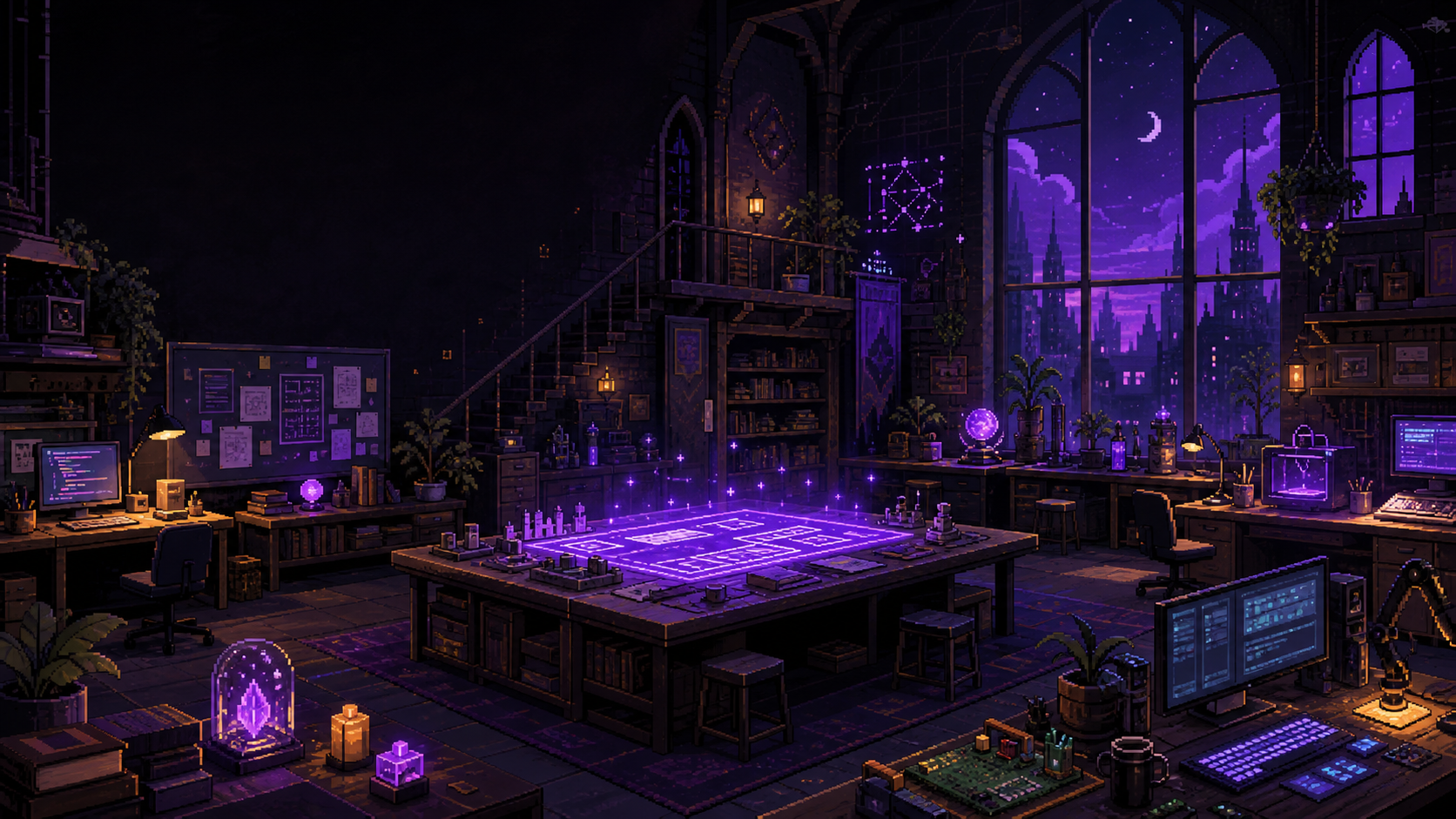 Pixel-art interior of a collaborative magical technology studio